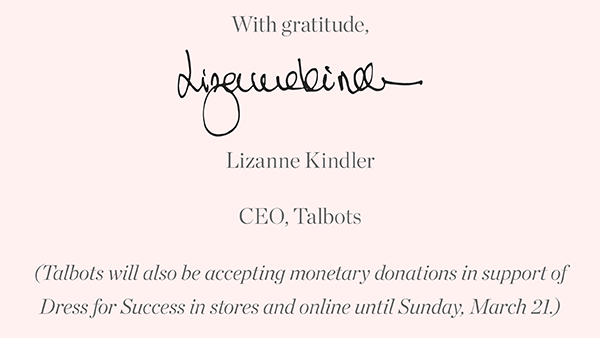 With gratitude, Lizanne Kindler, CEO of Talbots