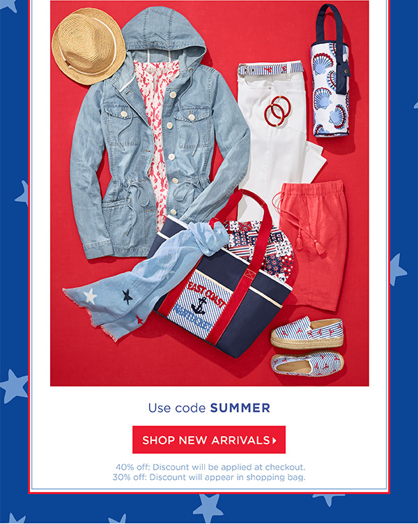 Online & In Stores. 40% off one item (regular price) and 30% off everything else. Use code SUMMER | Shop New Arrivals