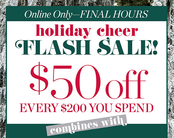 Online Only - Final Hours! Holiday Cheer Flash Sale! $50 off every $200 you spend. Shop Now