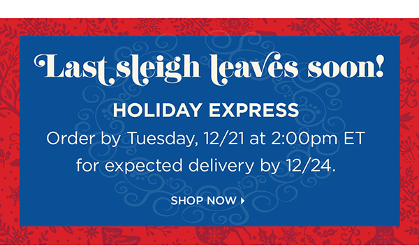Holiday Express. Order by Tuesday, 12/21 at 2:00pm ET for expected delivery by 12/24. Shop Now