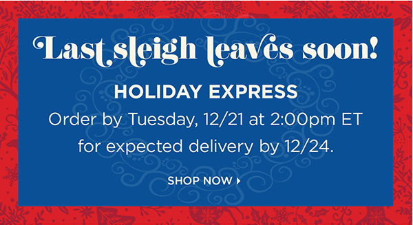 Last sleigh leaves soon! Holiday Express Order by Tuesday, 12/21 at 2pm ET for expected delivery by 12/24. Shop Now