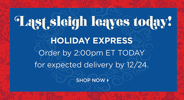 Last sleigh leaves soon! Holiday Express Order by Tuesday, 12/21 at 2pm ET for expected delivery by 12/24. Shop Now