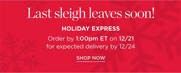 Last sleigh leaves soon! Holiday Express Order by 1:00pm ET on 12/21 for expected delivery by 12/24 | Shop Now