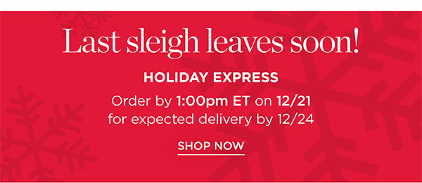 Last sleigh leaves soon! Holiday Express Order by 1:00pm ET on 12/21 for expected delivery by 12/24 | Shop Now