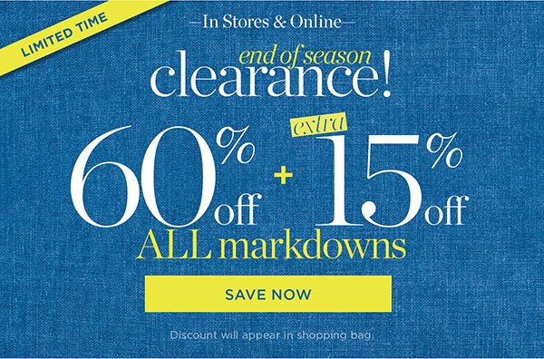 Extra 60% off + extra 15% off all markdowns. Shop Sale